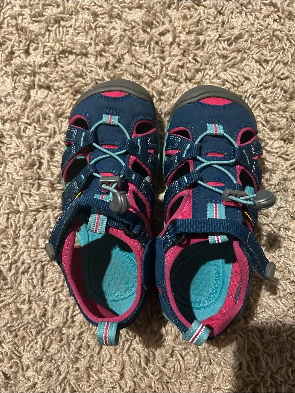 Keen Kids Navy, Pink & Teal Closed-Toe Water Shoes *writing on bottom of shoe*